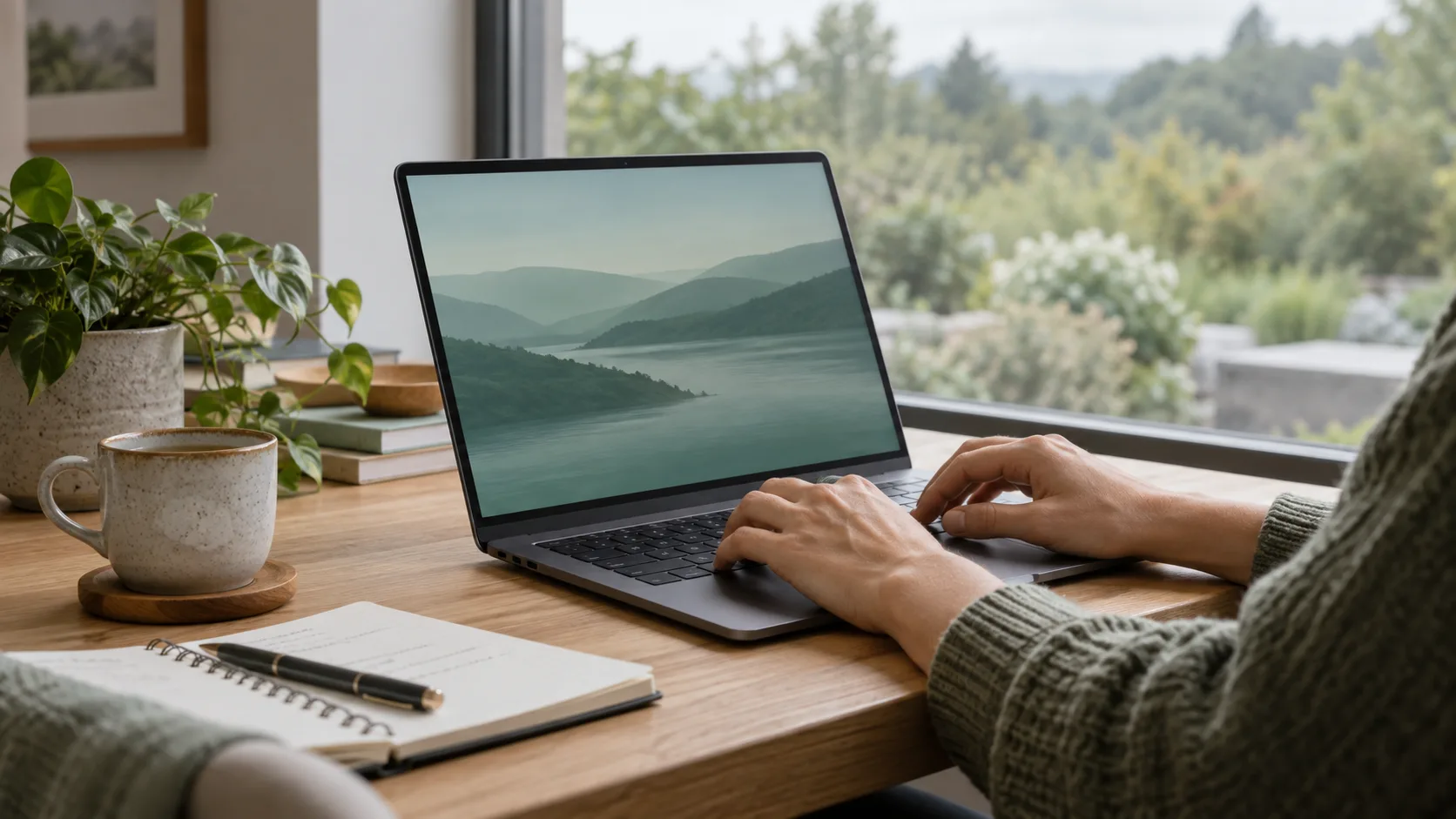 Illustrative home workspace with an unbranded laptop, notebook and a view of a garden